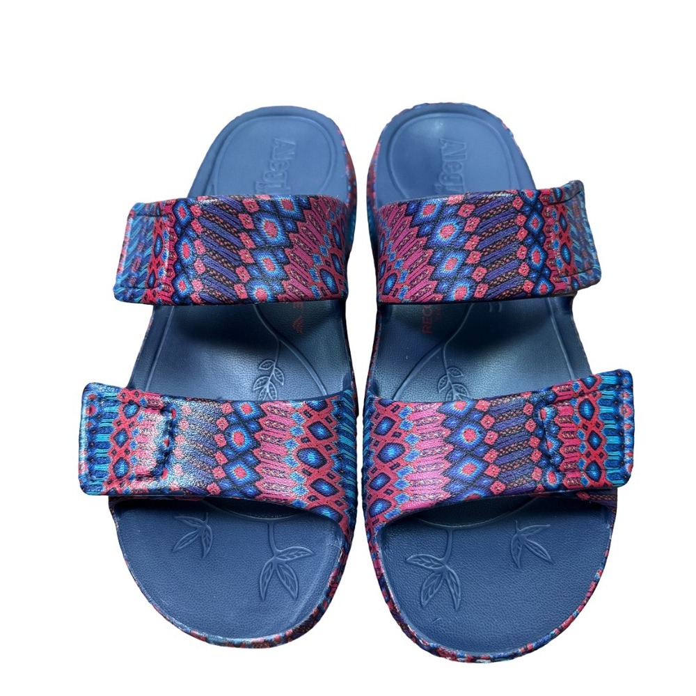 Alegria Orbyt Recovery Slide Sandals Womens 8-8.5 Sayulita Days Blue Pink Print